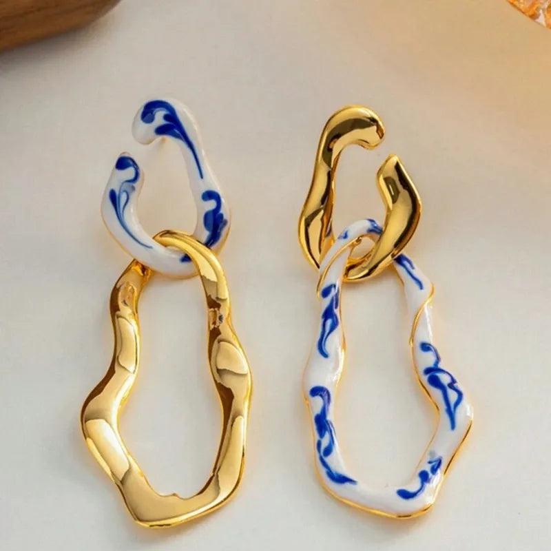 Blue Marble Ceramic Porcelain Drop Gold Earrings